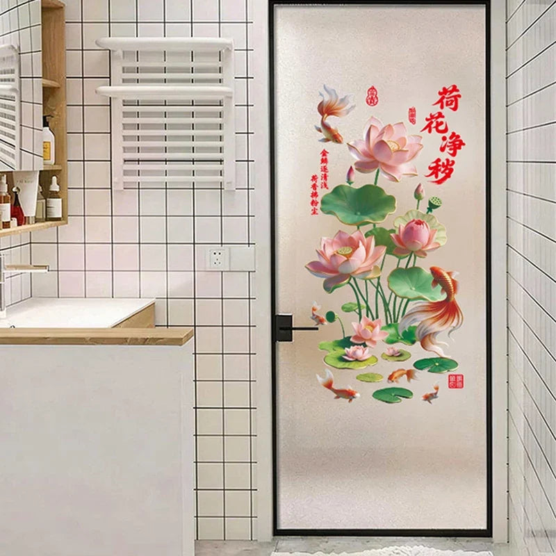 3D Koi & Golden Lotus Glass Sticker – Chinese Style PVC Decal