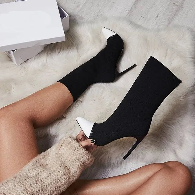 Women's Color Block Ankle Boots – Pointed Toe Stretch Slip-On