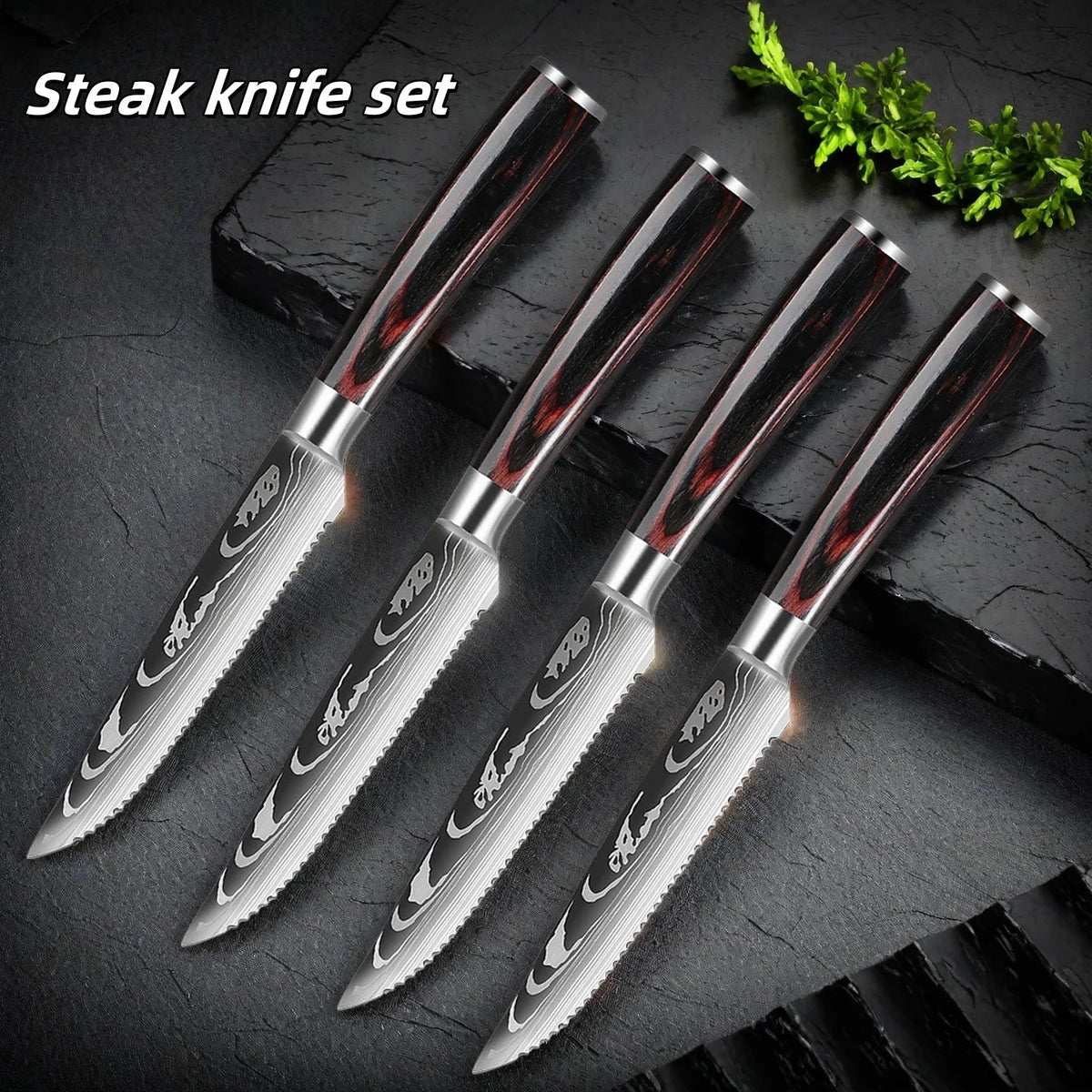 Damascus Steak Knife Set 2–8 Pc | Stainless & Wood Handle