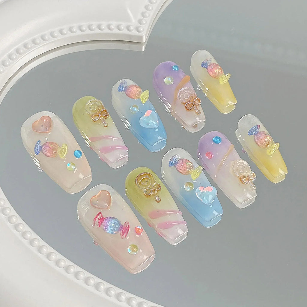 Korean Candy Crystal Press On Nails – Colorful Handmade Set