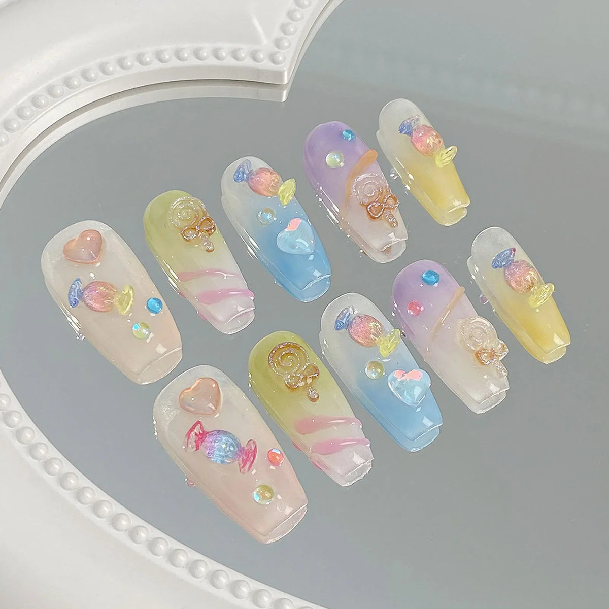 Korean Candy Crystal Press On Nails – Colorful Handmade Set