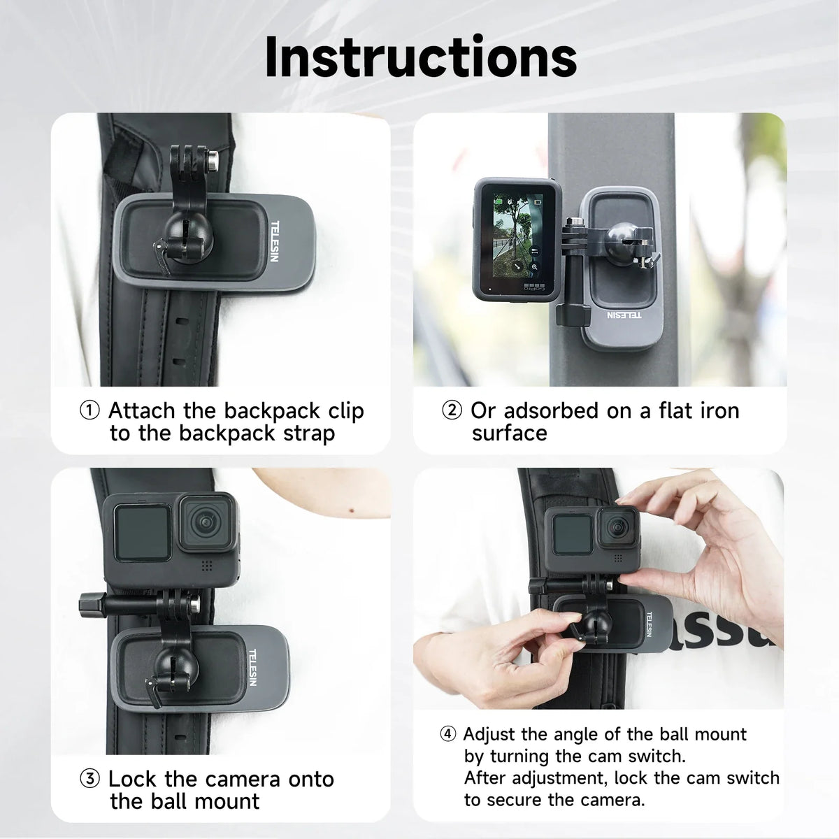 TELESIN 360 Rotation Magnetic Backpack Clip Clamp Mount Gopro Hero 11