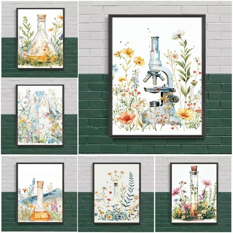 Retro Science Microscope Botanical Canvas Wall Art Poster Print