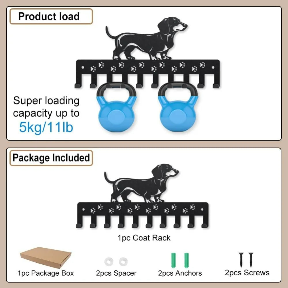 Dachshund Wall Coat Rack – Metal Dog Hook with 10 Hooks