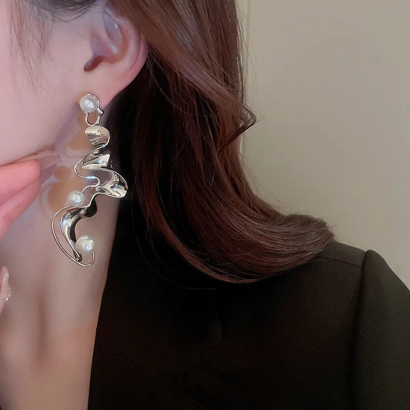 Huitan Silver Irregular Drop Earrings with Imitation Pearl