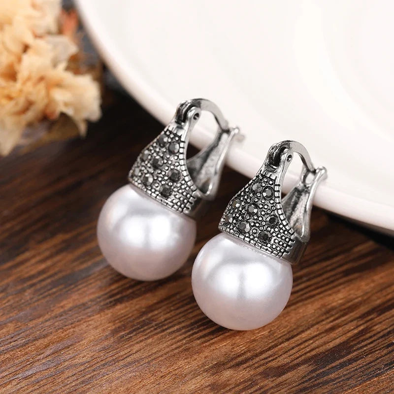 Huitan Vintage Simulated Pearl Drop Earrings | Rhinestone Jewelry