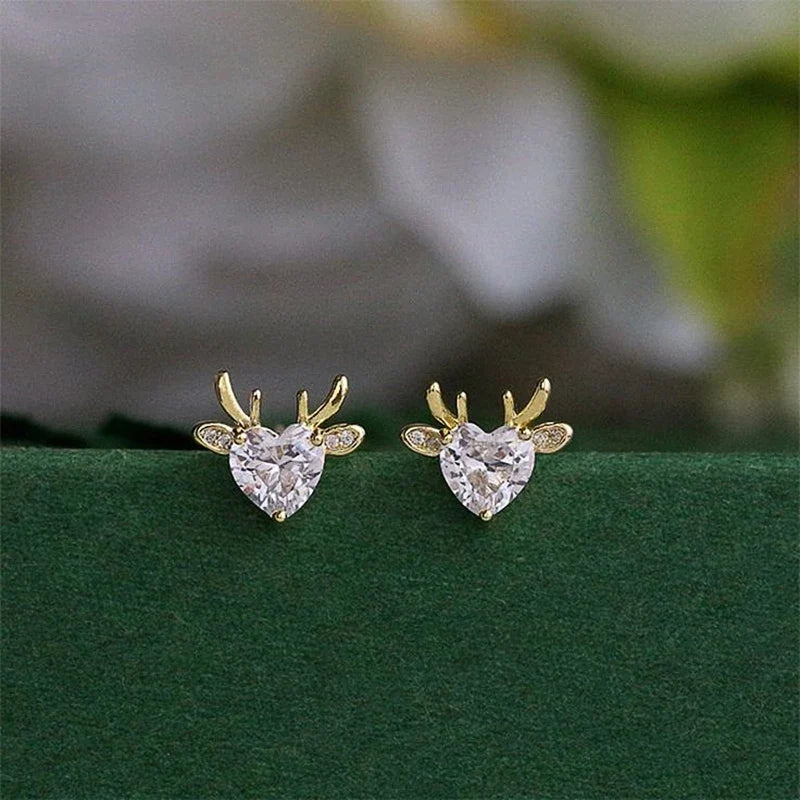 Huitan Elk Stud Earrings Gold Cubic Zirconia Christmas Jewelry