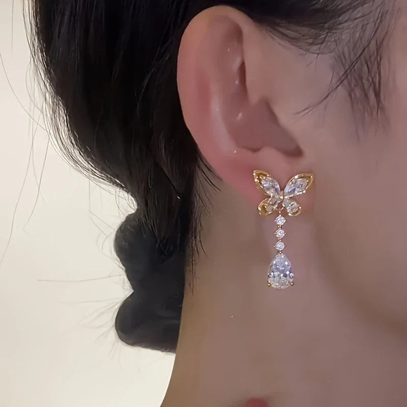Huitan Gold Butterfly Dangle Earrings – CZ Drop Earrings