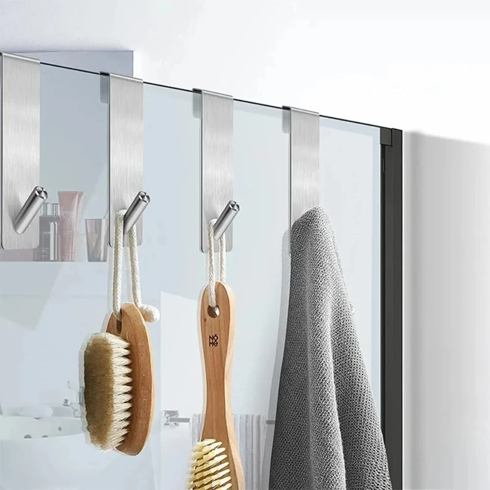 Drill-Free Glass Door Hooks – Stainless Steel Bathroom Storage