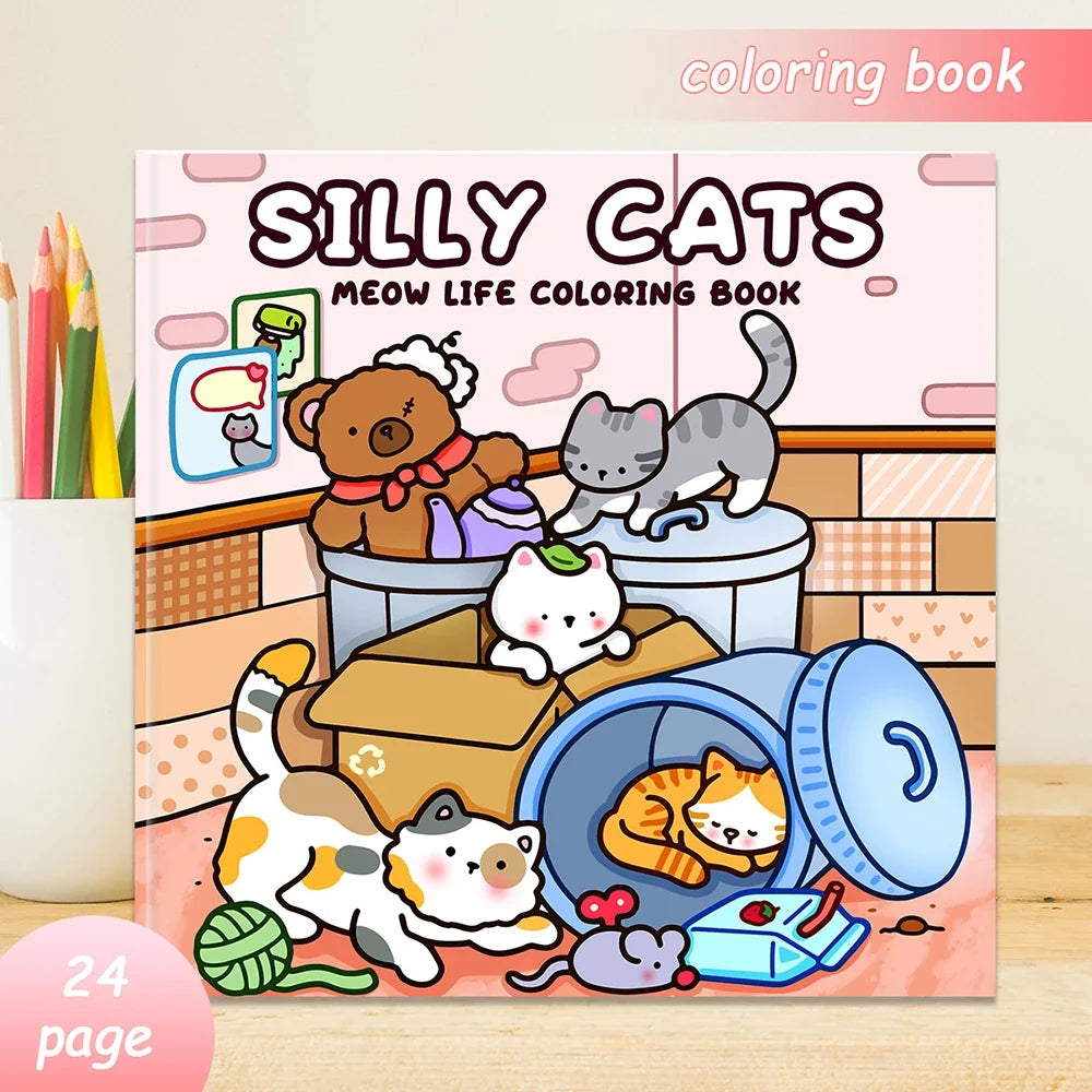 24 Page Selling Cute Cat Coloring Book Student Stress Relief Cartoon
