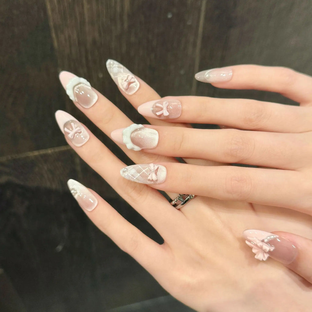 Press On Nails French Cat Eye Pink Bow Korean Almond Tips 10pc