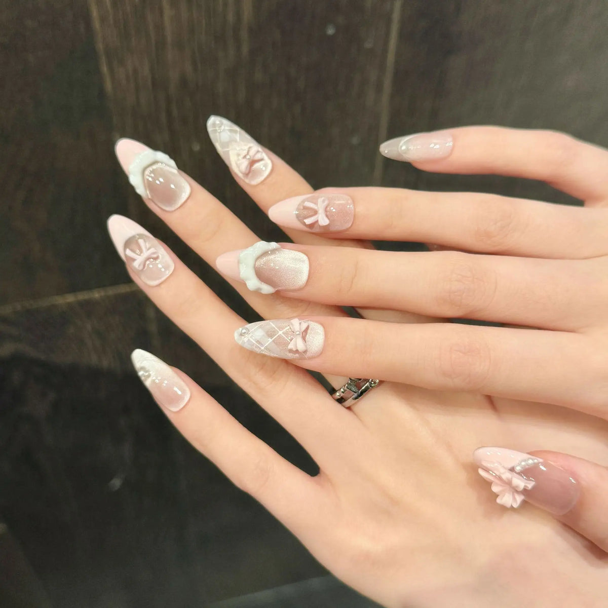 Press On Nails French Cat Eye Pink Bow Korean Almond Tips 10pc