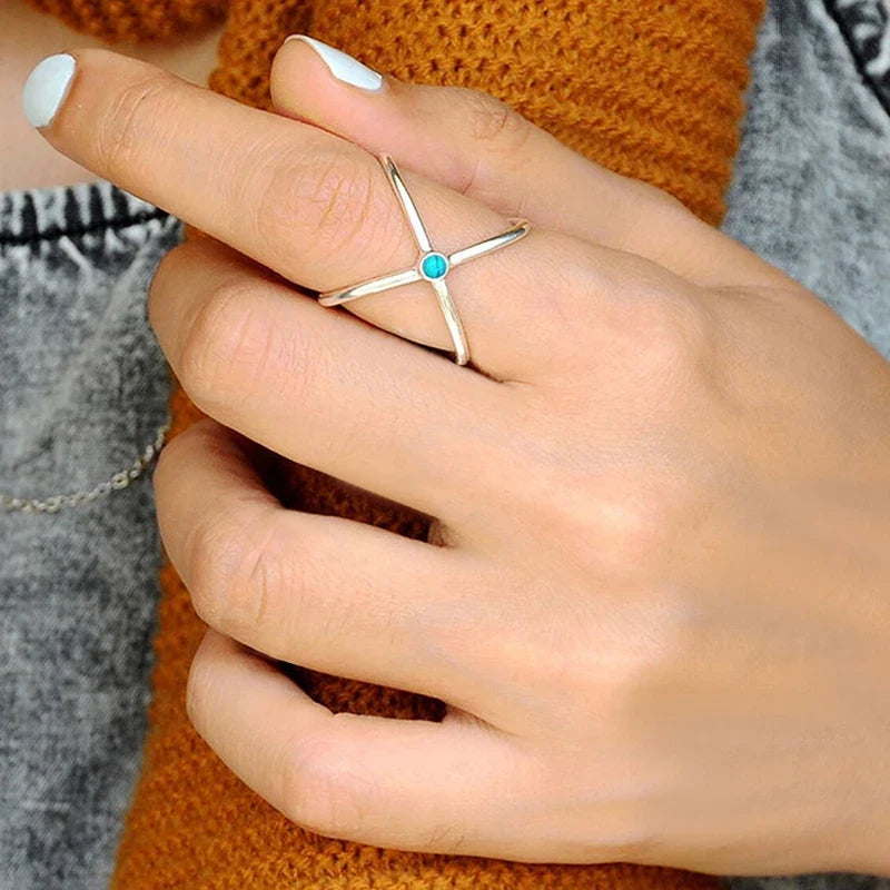 Huitan Bohemian Cross Ring – Blue Imitation Turquoise | Sizes 5–14