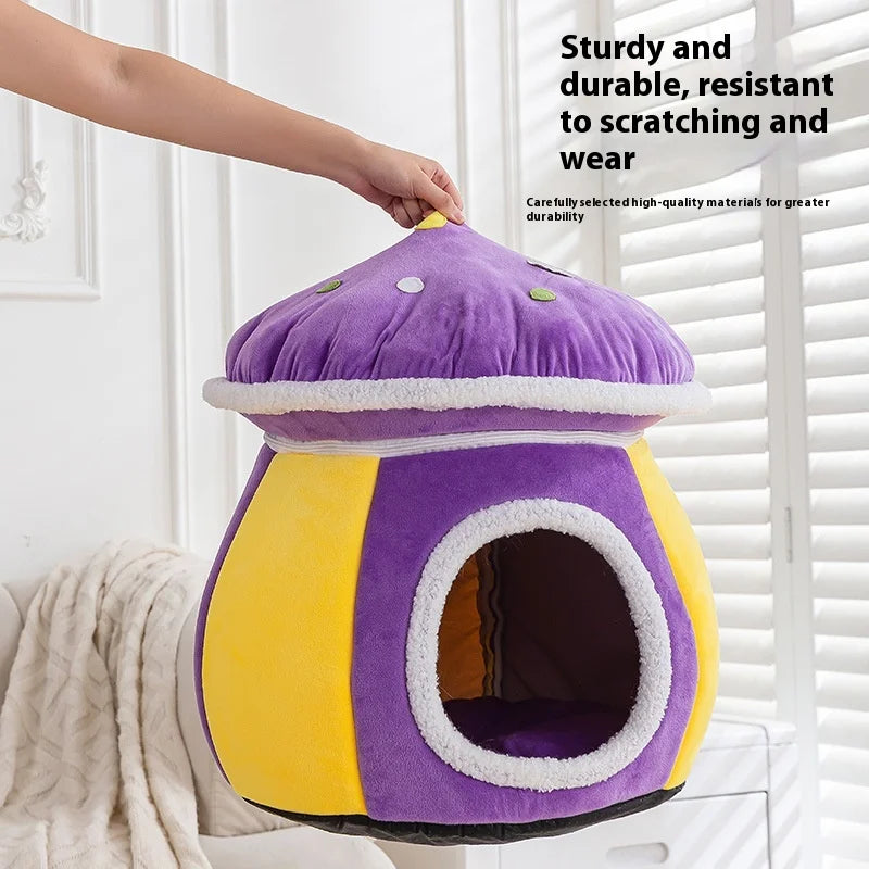 Mushroom Cat Bed Thickened Warm Winter Rabbit Plush Detachable