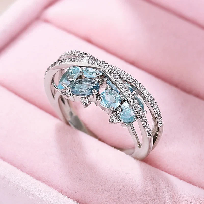 Huitan Blue Cubic Zirconia Cross Ring – Women's Wedding Band