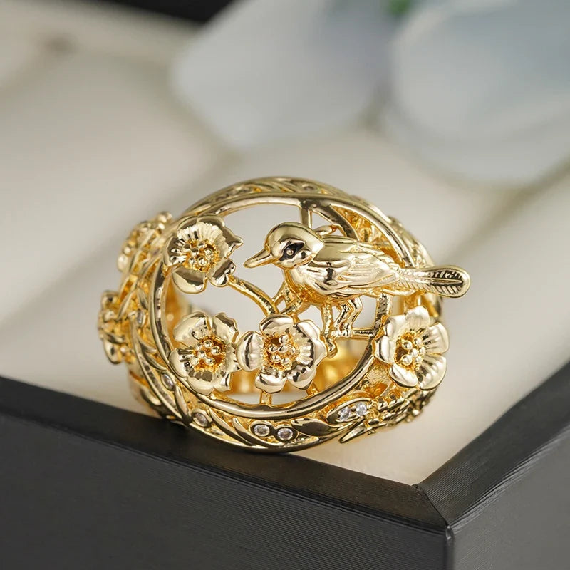 Huitan Gold Hollow Flower Bird Ring – Women's Fashion Jewelry