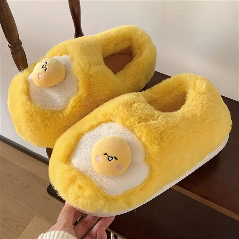 Fried Egg Plush Slippers – Novelty Fleece Indoor Slides Women