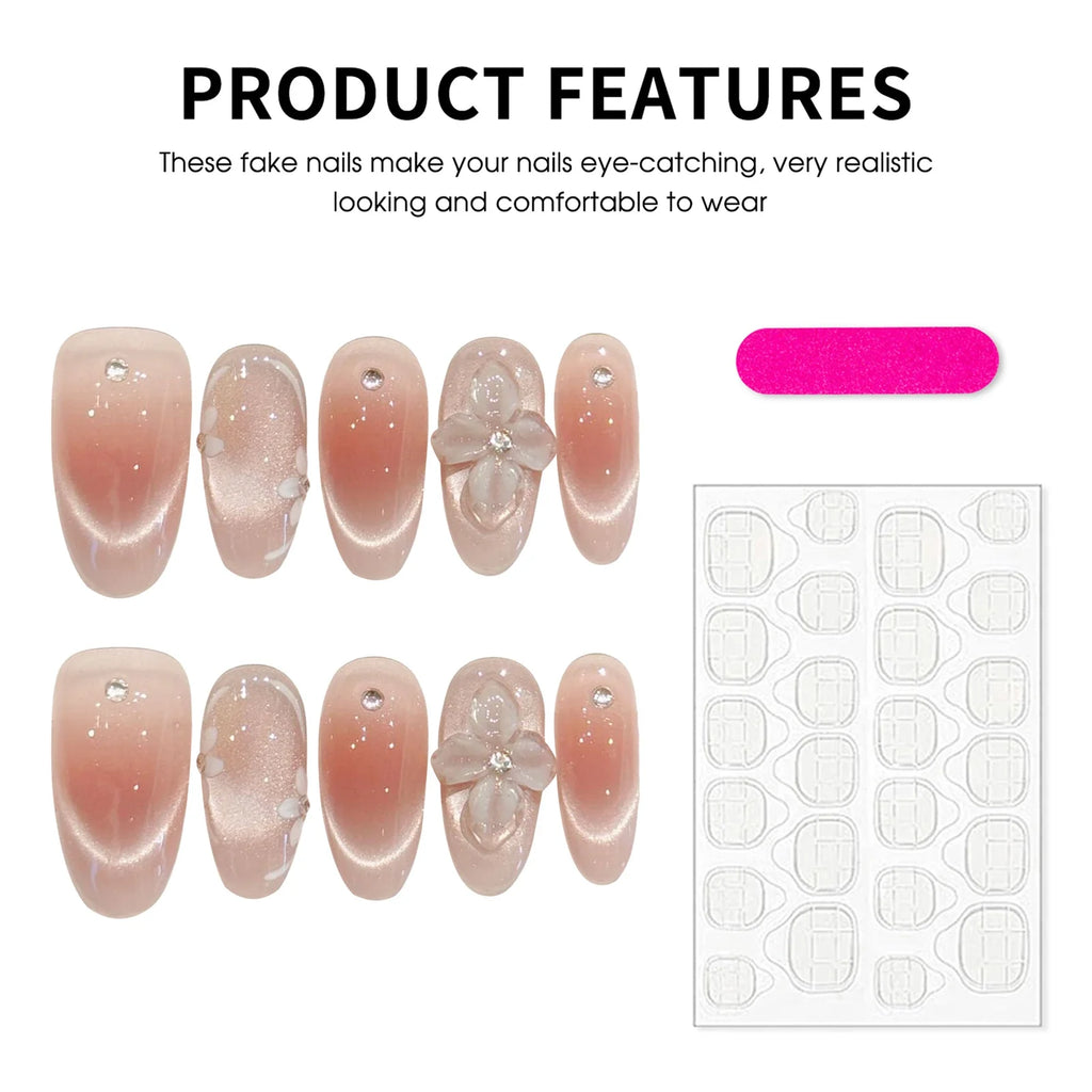 Handmade Press On Nails French Cat's Eye 3D Floral Tips 10pcs