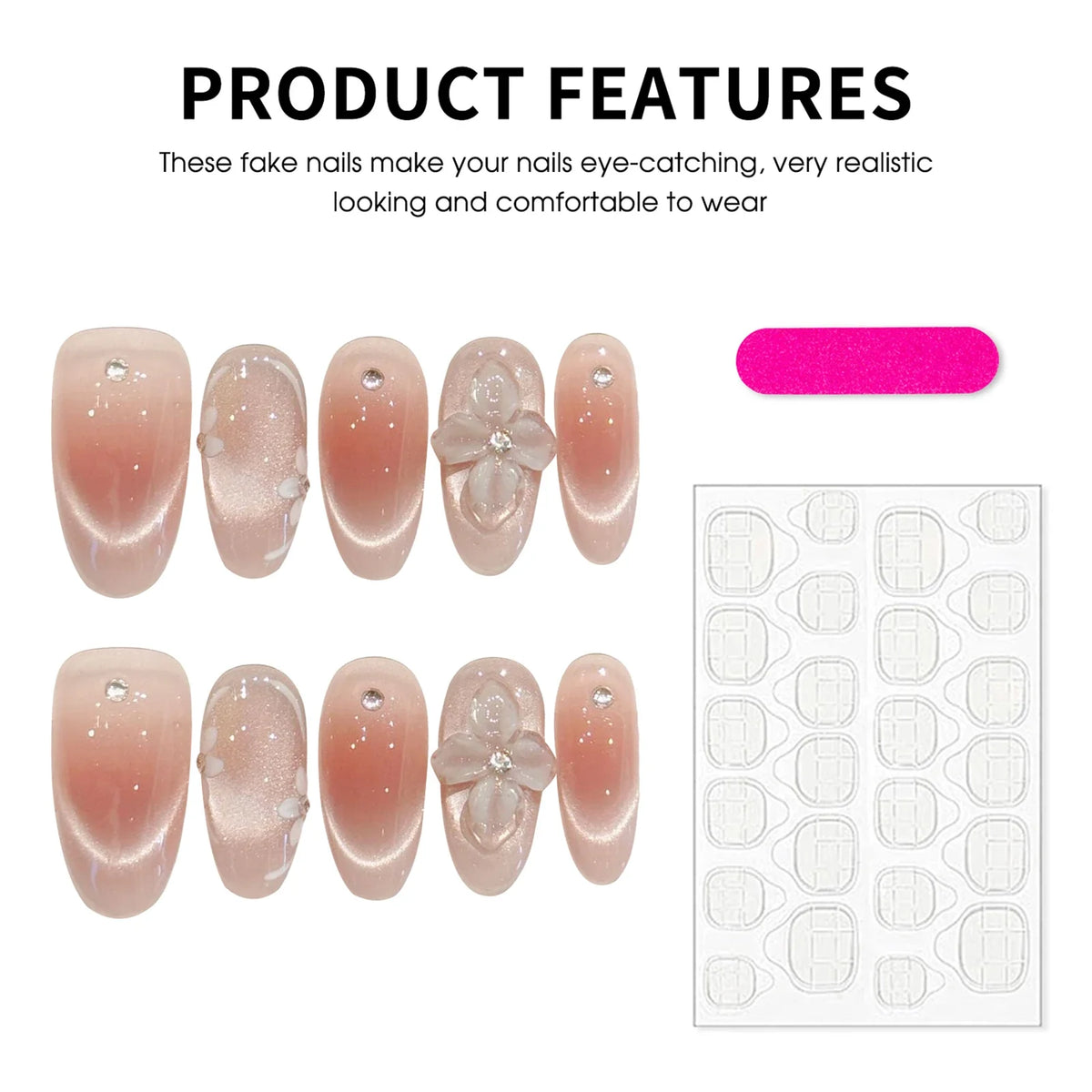 Handmade Press On Nails French Cat's Eye 3D Floral Tips 10pcs