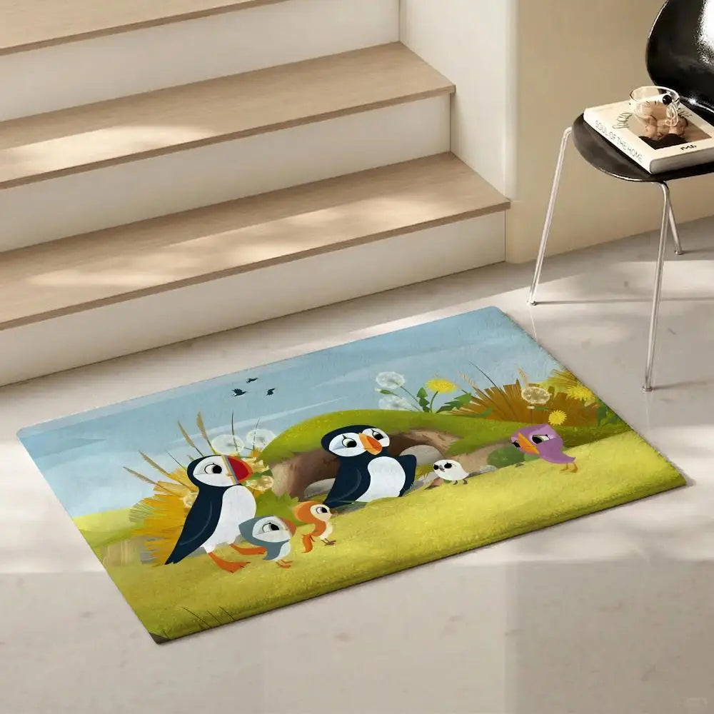 Kids Cartoon Puffin Flannel Floor Rug – Soft Non-Slip Indoor Mat