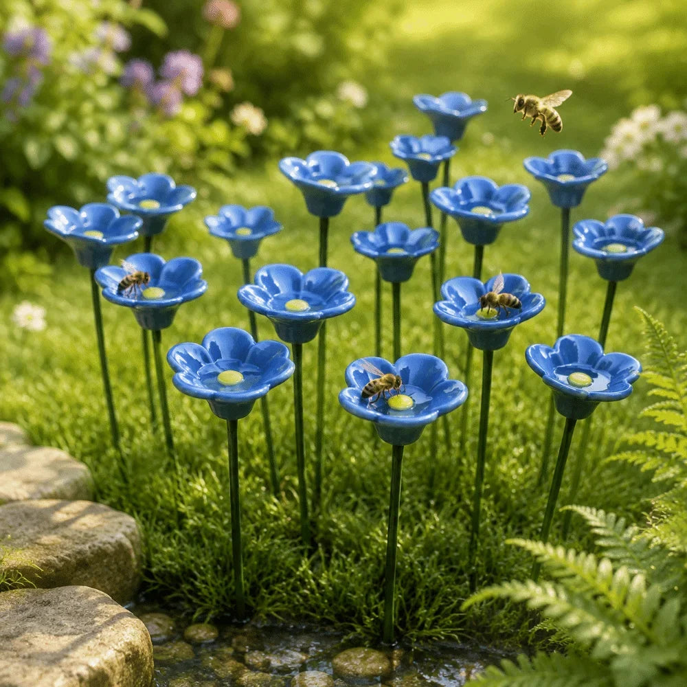 Ceramic Bee Watering Station 3-Piece Flower Garden Décor Set