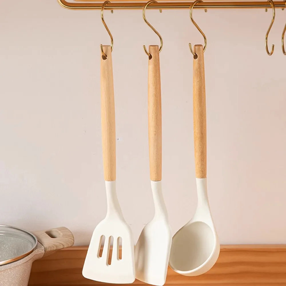 Silicone Kitchen Utensil Set – Wooden Handle Cooking Tools