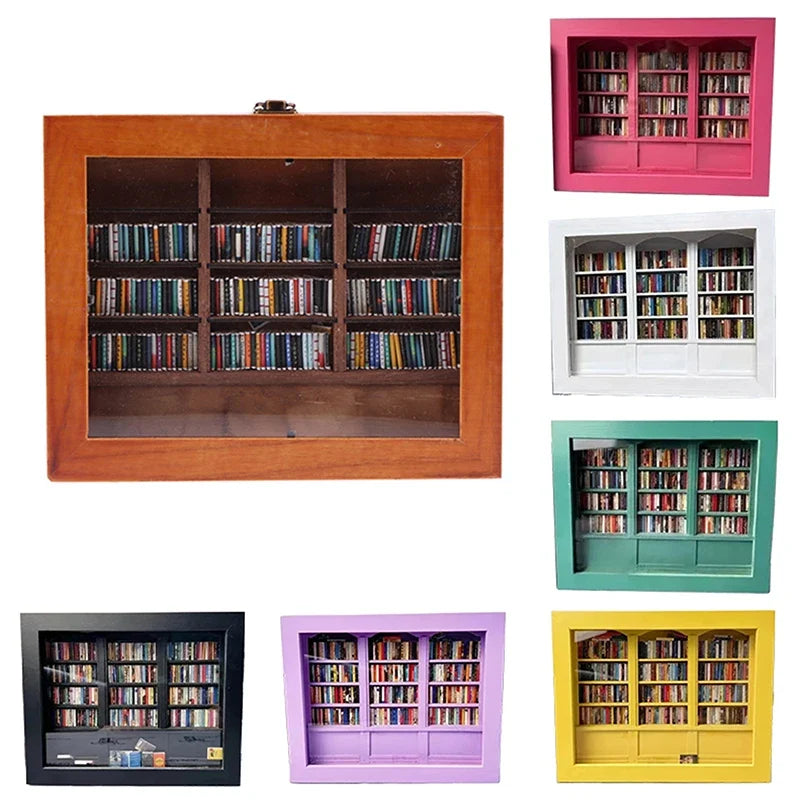 Miniature Wooden Bookshelf Ornament with 200 Mini Books
