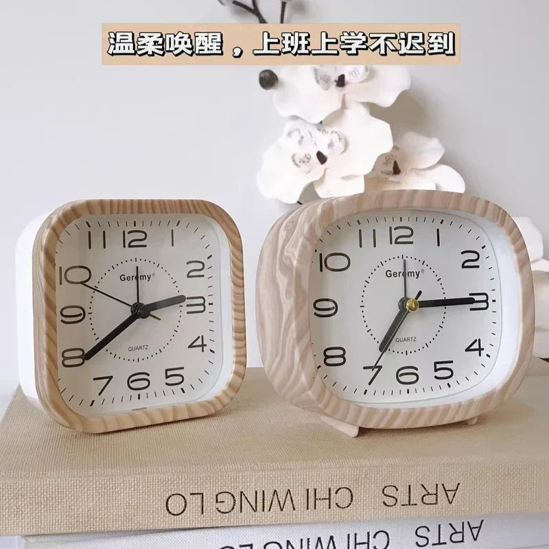 Simple Retro Imitation Wood Grain Alarm Clock Home Desktop Square