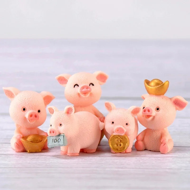 Mini Pig Family Resin Figurines – 5pc Miniature Garden Decor