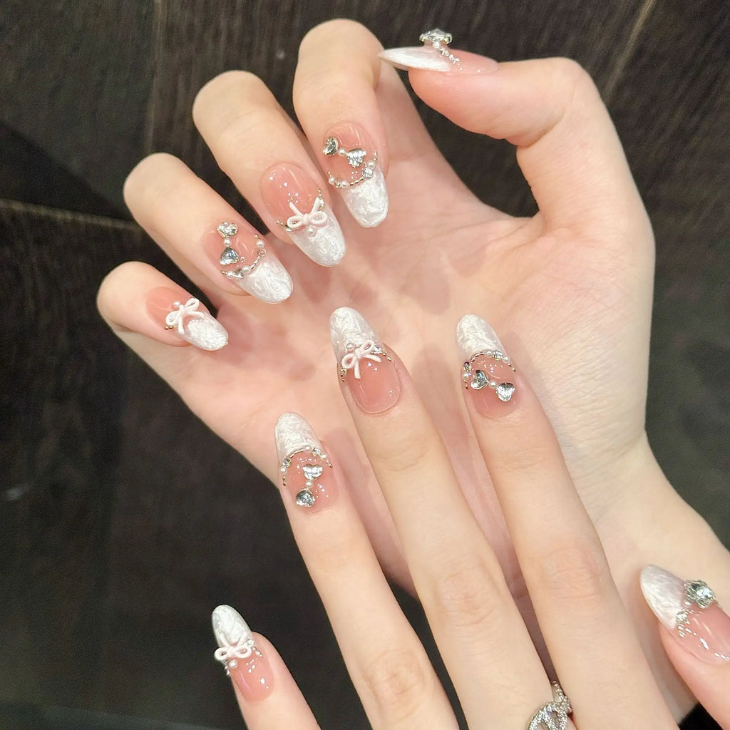 French Press-On Nails Sweet Bow Glitter Rhinestone 10pcs Set