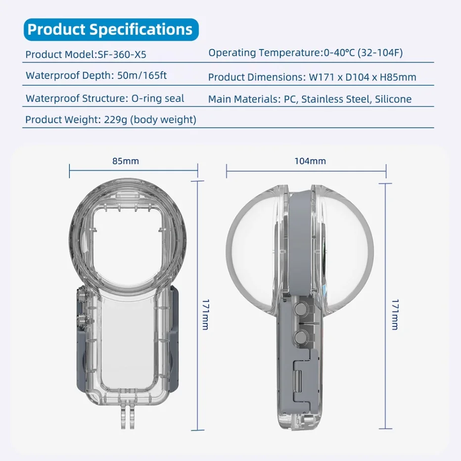 Seafrogs 50m Waterproof Housing for Insta360 X5 Dive Case