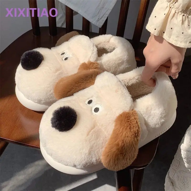 Fluffy Dog Slippers – Warm Furry Animal Slide Shoes for Women