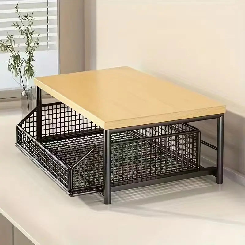 Metal & Wood Microwave Rack with Pull-Out Drawer | Kitchen Organizer
