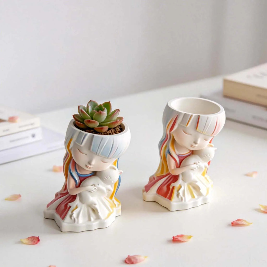 Cat & Girl Flower Pot 3D Silicone Mold | Resin Candle Craft