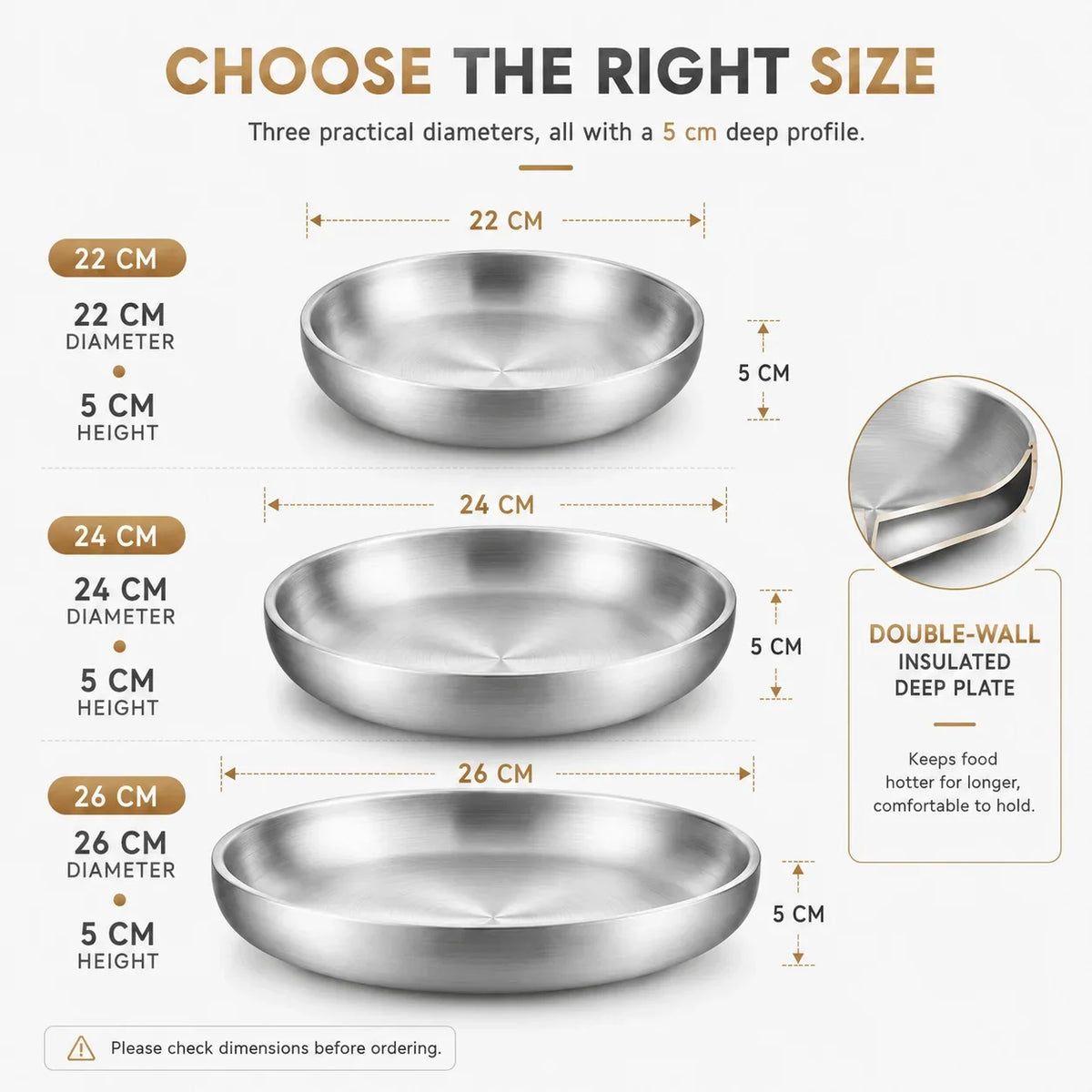 Double Wall Insulated Stainless Steel Dinner Plates | 3 Sizes