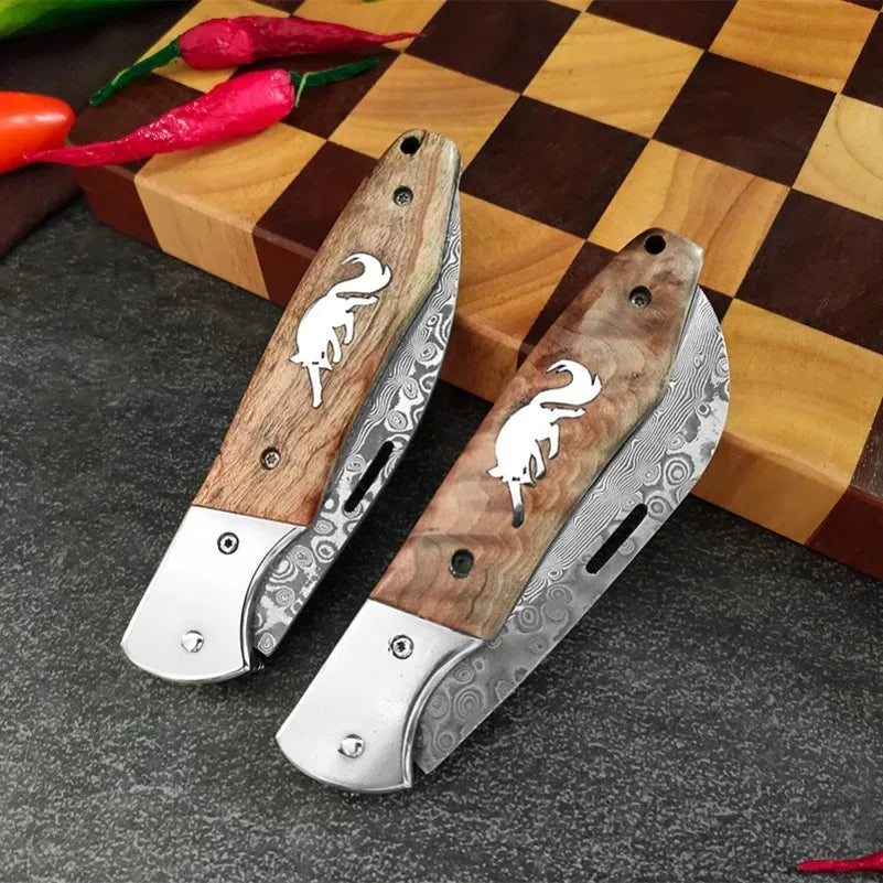 Damascus Steel Folding Knife – Sharp Wood Handle Kitchen Knife