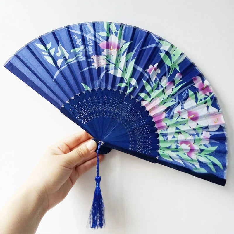 Chinese Engraved Folding Hand Fan Wooden Shank Classical Dance Tassel