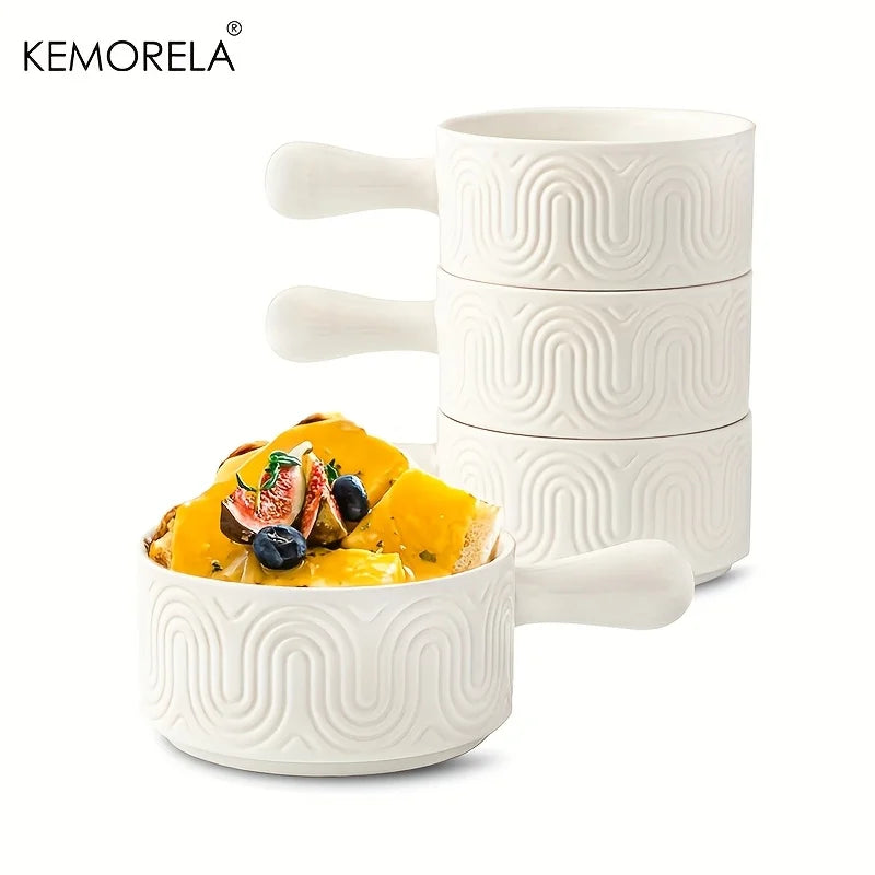 KEMORELA White Ceramic Handled Bowl – Embossed Soup Bowl