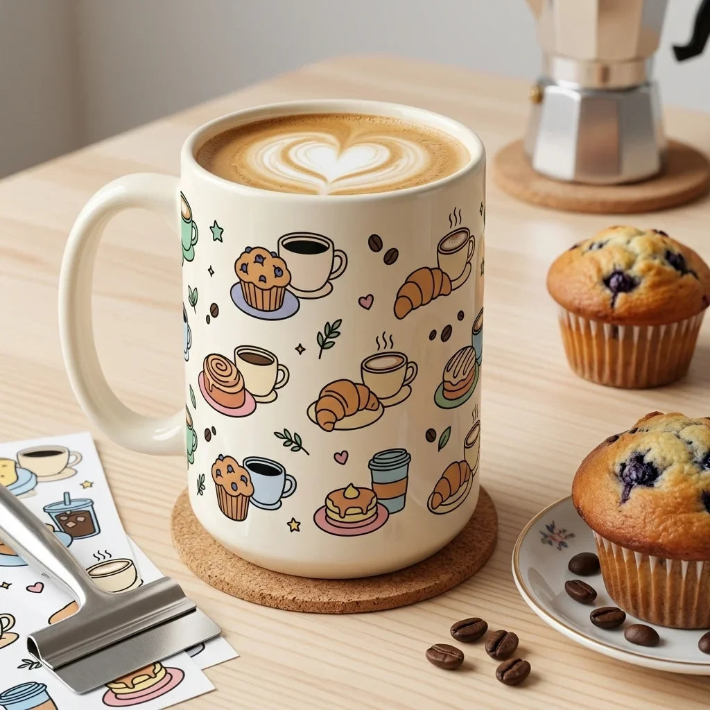 Coffee & Pastry UV Transfer Stickers – Waterproof Cartoon Decals