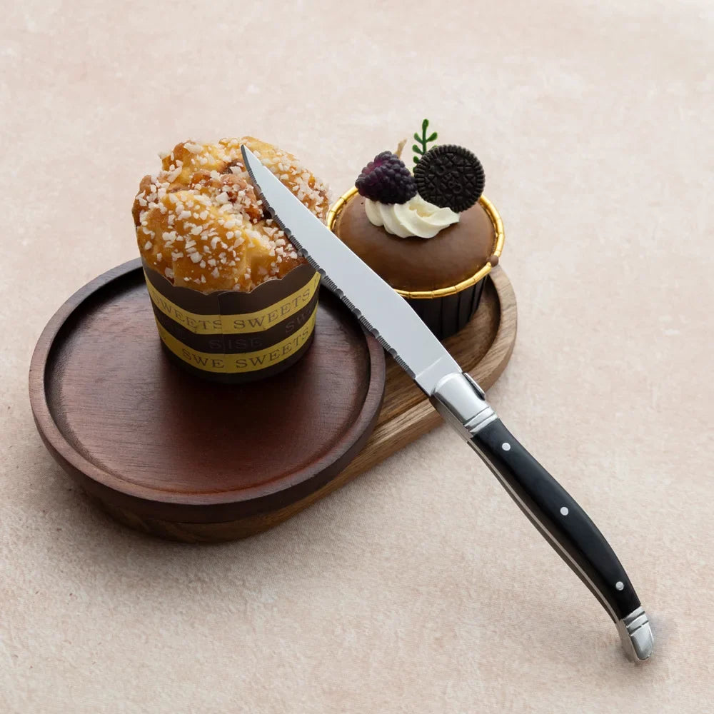 Laguiole Serrated Steak Knife & Fork Set | Black Handle Steel