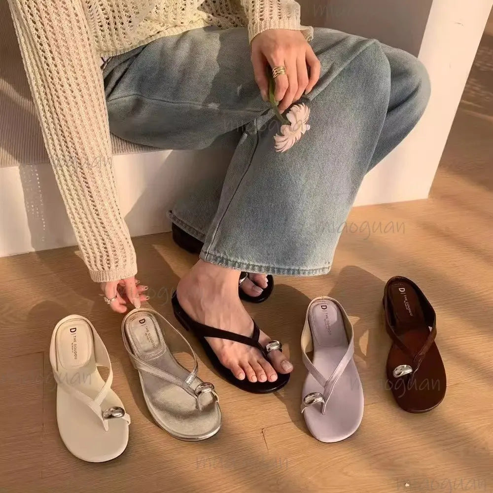 Women's Low Heel Metal Toe Slide Sandals | Summer Beach Shoes