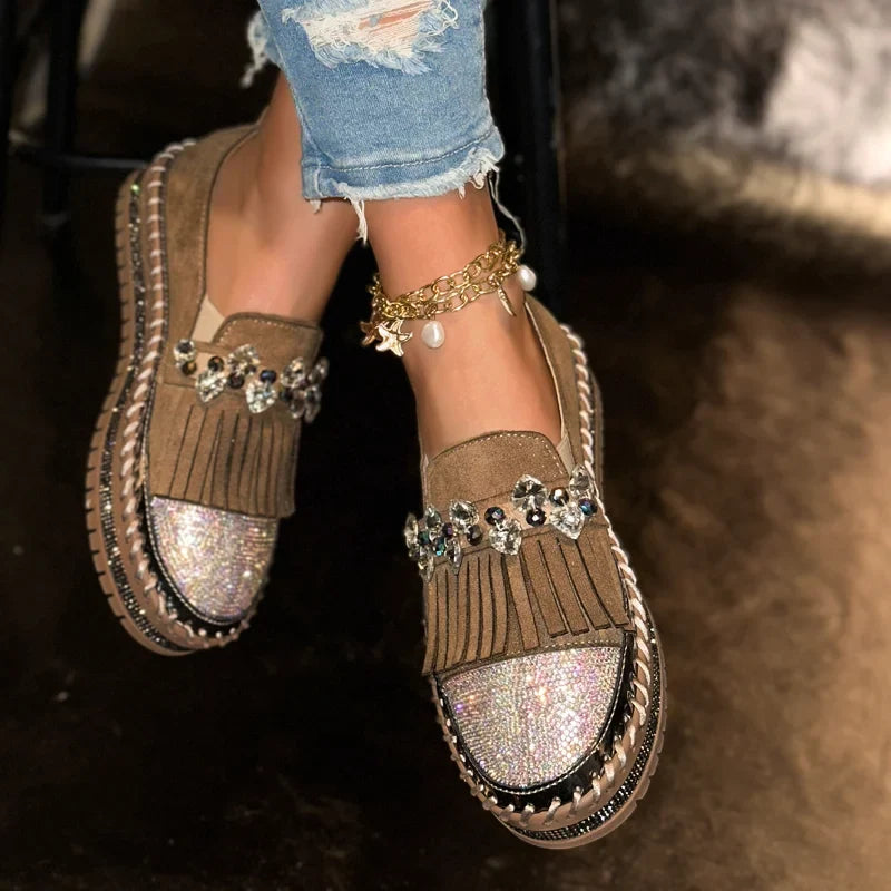 Women's Rhinestone Cow Suede Loafers – Flat Slip-On Shoes