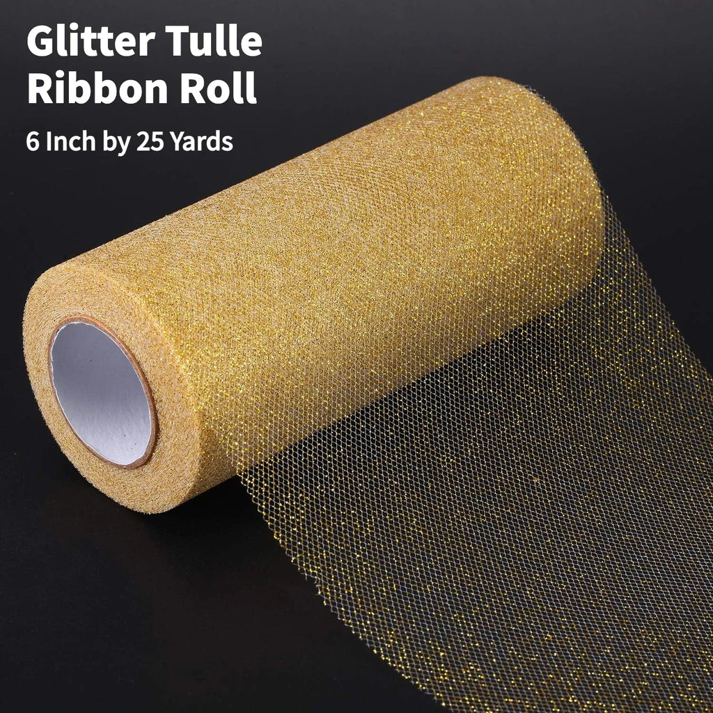 Gold Glitter Tulle Roll – 6" x 25 Yds Shimmer Mesh Ribbon