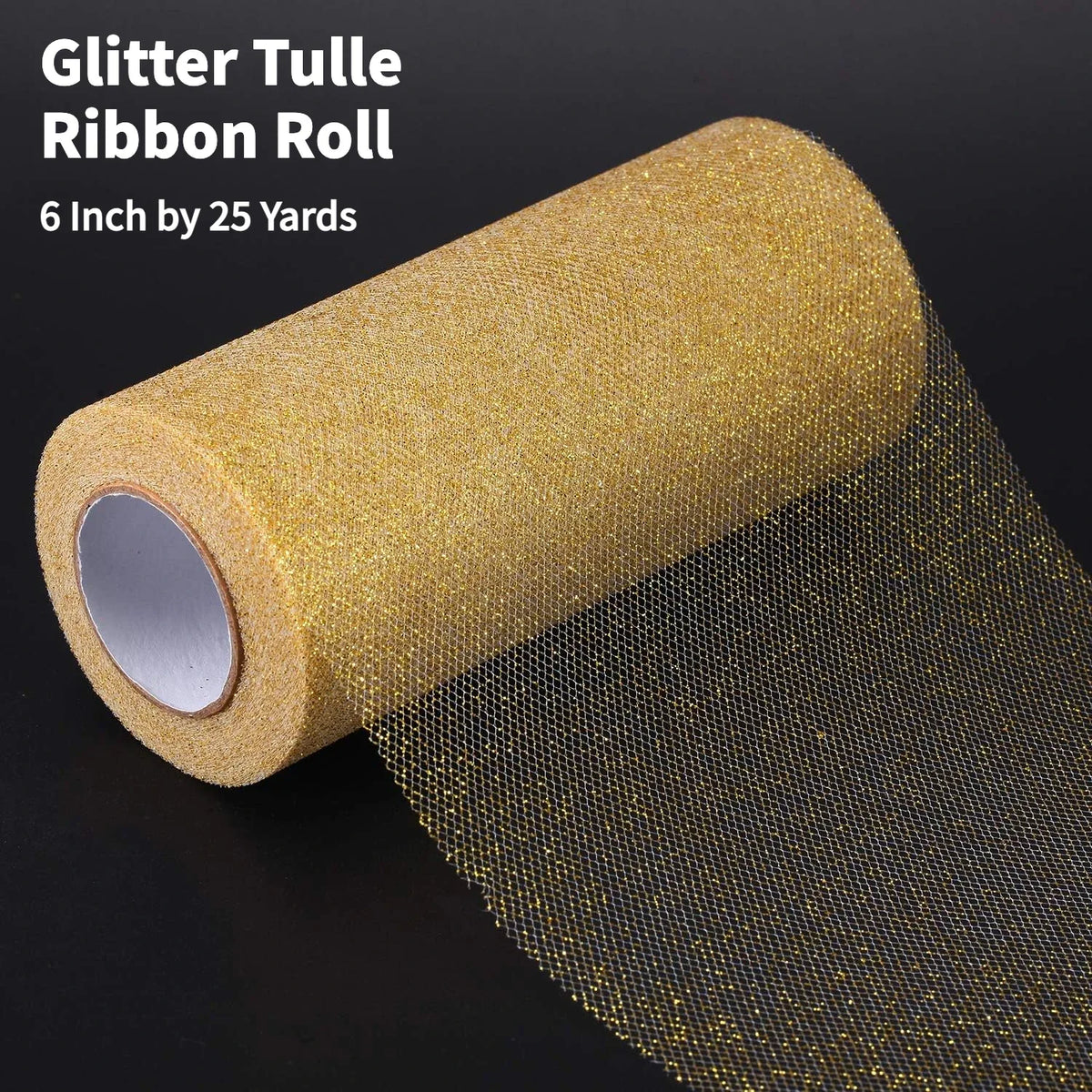 Gold Glitter Tulle Roll – 6" x 25 Yds Shimmer Mesh Ribbon