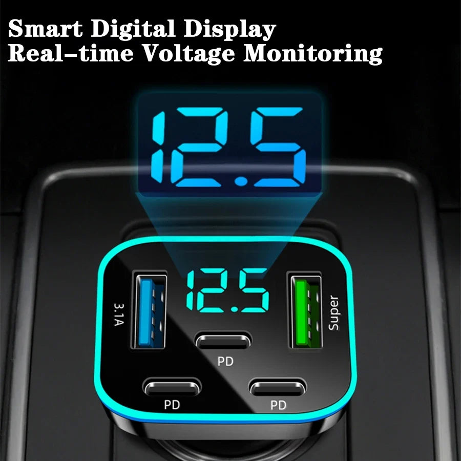 5-Port Fast Car Charger – 3x USB-C PD, 2x USB, Digital Display