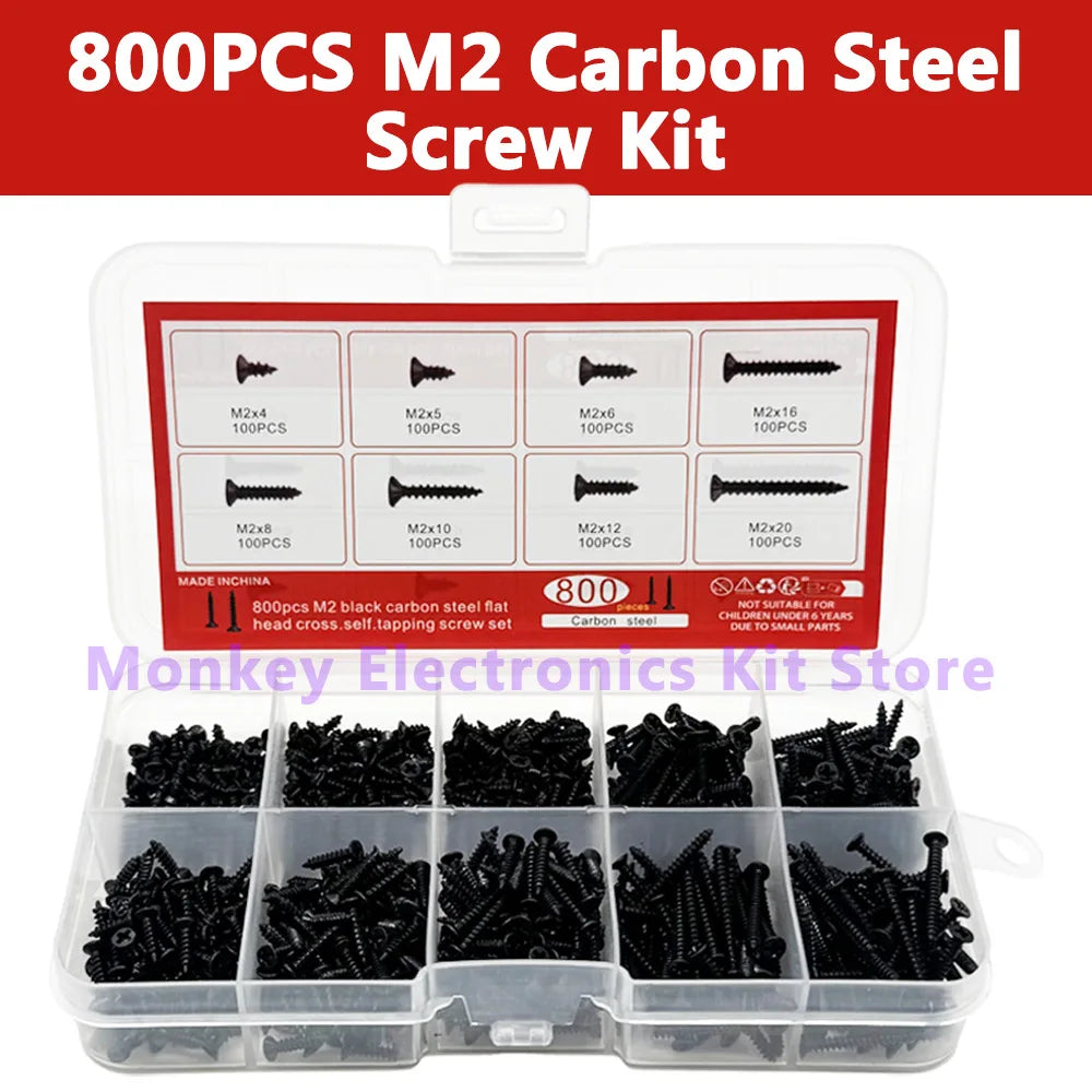 800 Pcs M2 Black Phillips Self-Tapping Screw Assortment Kit
