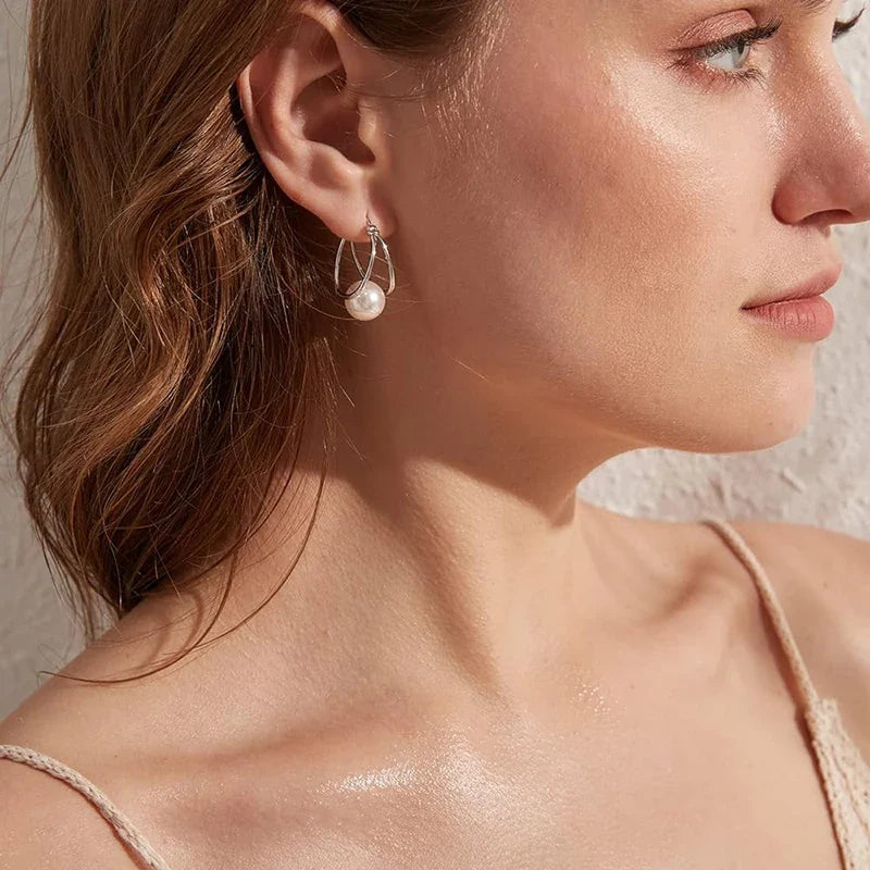 Huitan Imitation Pearl Hoop Earrings for Women – Silver