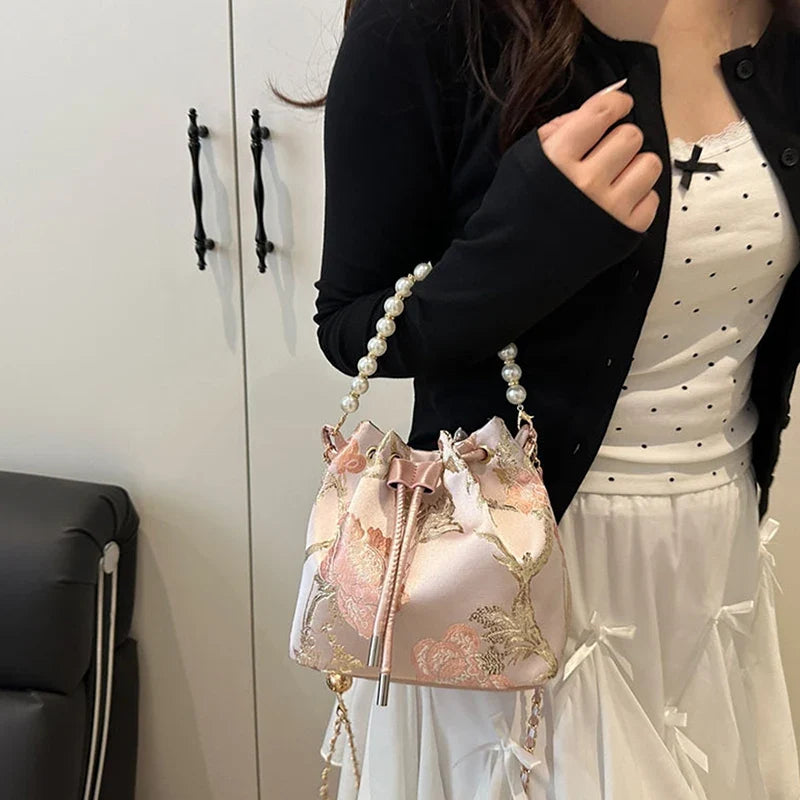 Pearl Chain Bucket Bag – Retro Chinese Style Crossbody