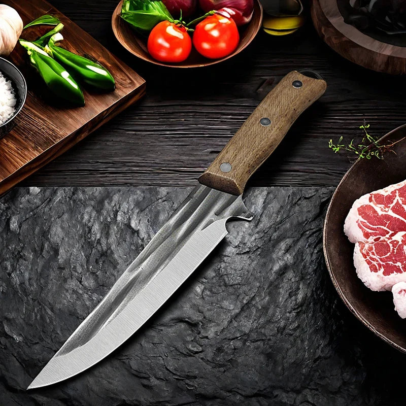 Full Tang Stainless Steel Boning Knife with Sheath & Wood Handle