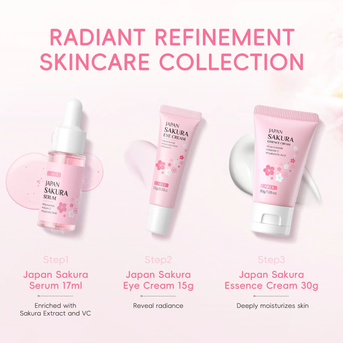 LAIKOU Sakura 3-Piece Skincare Kit – Serum, Eye Cream & Face Cream